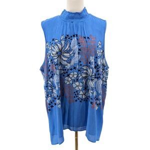 Anthro Kaari Blue Boho Floral Sleeveless Blouse Gauzy Blue 3X Plus